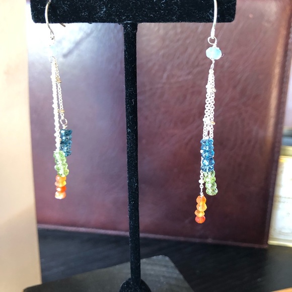 Artisan gemstone long dangle earring sterling silver trio peridot apatite 2.75” - Picture 2 of 7